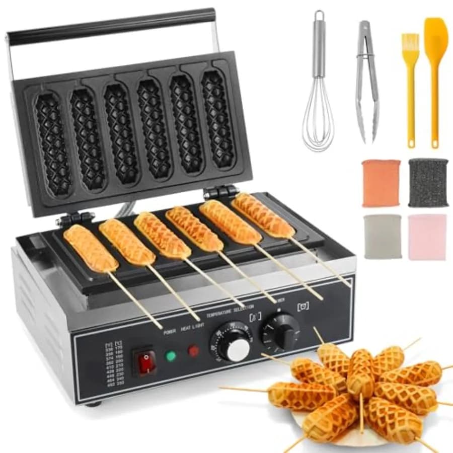 Macchina Commerciale per Corn Dog 1550W, 6 Pezzi, Antiaderente, in Acciaio Inossidabile, con Controllo Temperatura 300°C e Timer per R