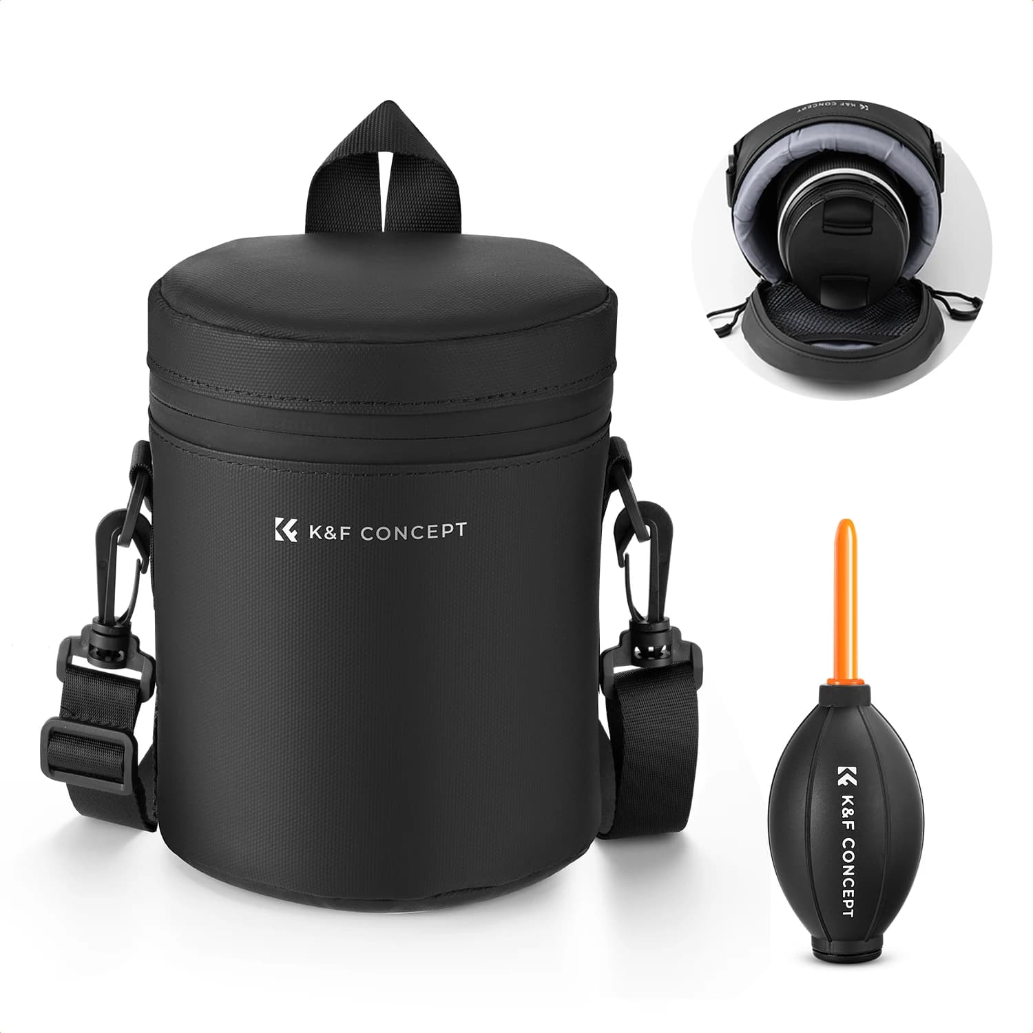 K&F Concept Custodia per obiettivo fotocamera Custodia in pellicola di pelle nera con cerniera e impermeabile con un ventilatore d'aria SML XL