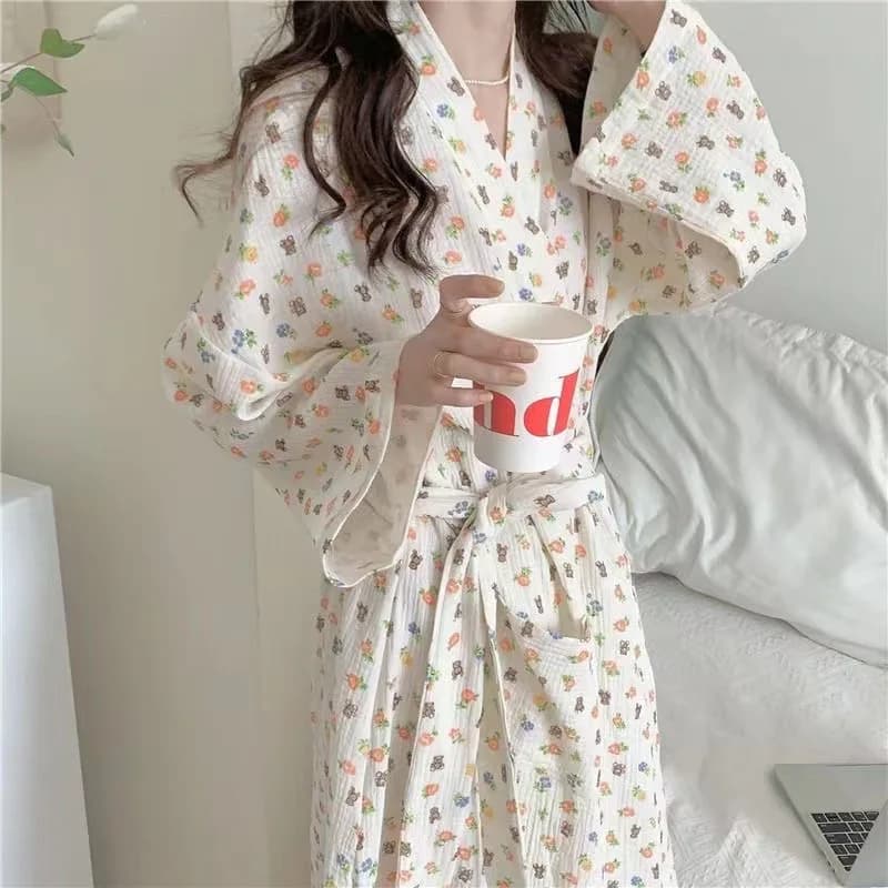Japanese Kimono Longsleeved Nightwear Cute Little Bear Tie up Nightgown Women's Autumn Long Sleepwear Casual Bathrobe Sleepwear