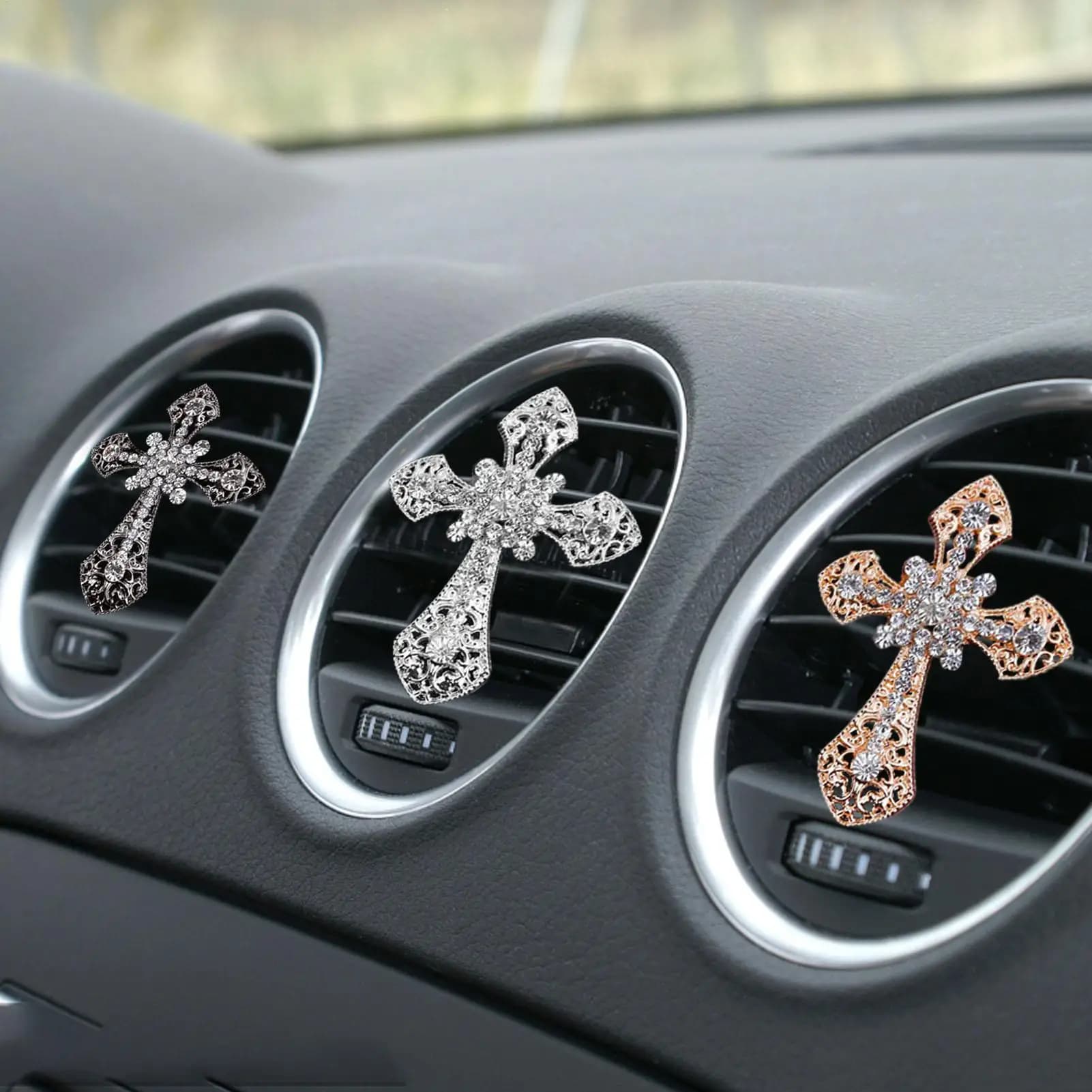 Clip Profumato per Bocchette dell'Aria Auto, Deodorante per Auto a Forma di Croce con Strass, Clip Profumata per Aromaterapia, Decorazione Interni Auto