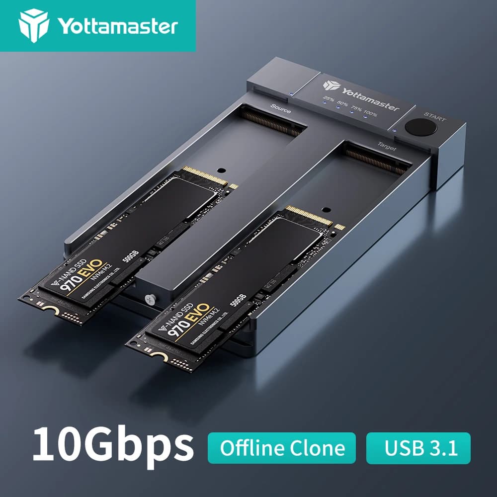 Yottamaster 2Bay M.2 NVMe duplicatore Offline Cloner Docking Station 10Gbps USB C a NVME SSD Enclosure per M Key fino a 8TB [HC1]