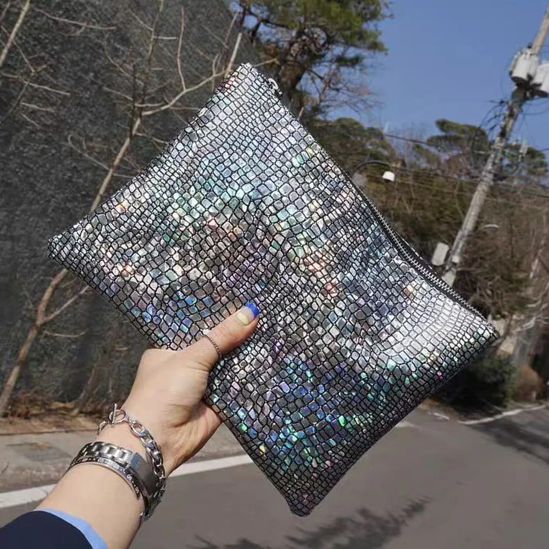 Women's Radium Bag Large Capacity 2025 Chrome Leather Bag New Fashion Pattern Stone Party Bag Polished Silver