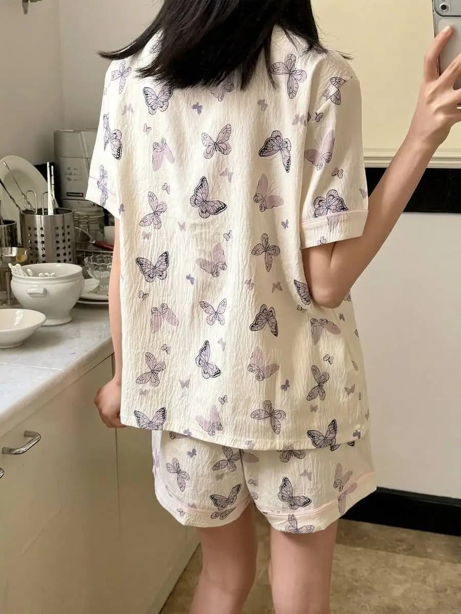 Butterfly Print Textured Women Pajama Set Button-Up Short Sleeve Top And Shorts Spring Summer
