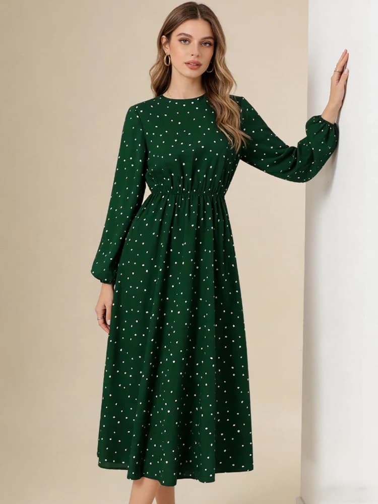 Abito lungo da donna 2026 con stampa a cuori e pois, a maniche lunghe, plissettato, a vita alta, linea ad A, fluido, stile boho casual e ampio