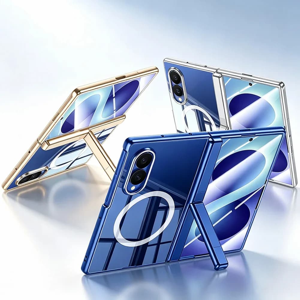 Central Axis Side Bracket Clear Case For Samsung Galaxy Z Fold 8 Fold8 Ultra Magnetic Ring Plated Frame Glass Protective Cover