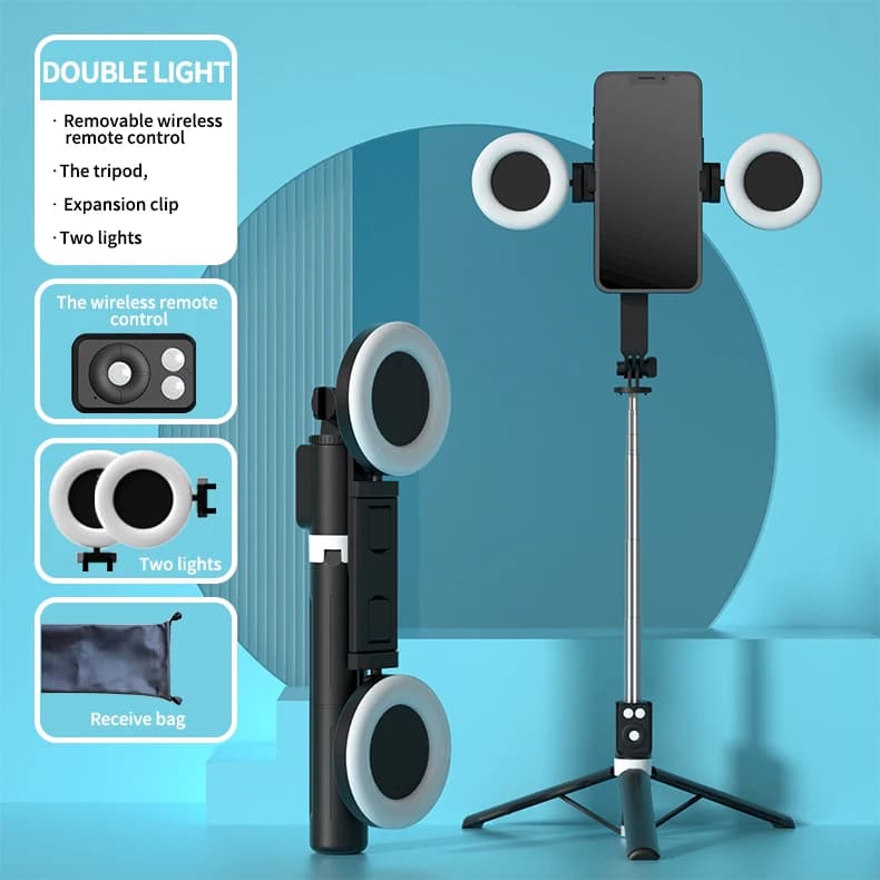 Selfie Stick wireless Bluetooth Luce portatile a doppio riempimento con staffa telescopica per treppiede per iPhone Xiaomi Trucco Streaming live