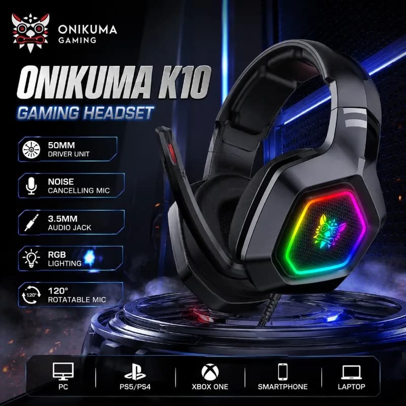 ONIKUMA K10 Gaming Headset Wired Stereo Headphones Noise Cancelling Mic 3.5mm Over Ear RGB Audio For PC PS5 PS4 Xbox Gamer For