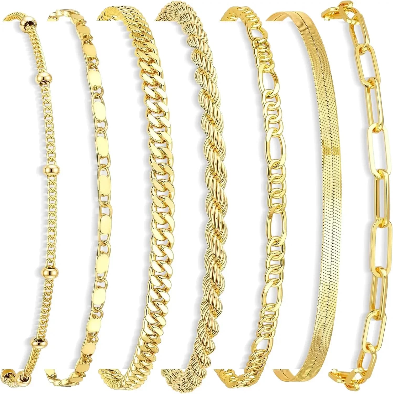 Set di braccialetti placcati in oro 14K da 7 pezzi per donna, catena a spina di pesce a strati con maglia cubana, alla moda e raffinata