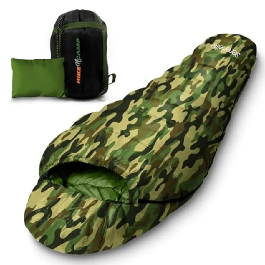 Sacco a pelo da campeggio e backpacking: sacco a pelo a mummia stile militare 0F, guscio in nylon impermeabile, colore nero, design leggero senza cuciture.