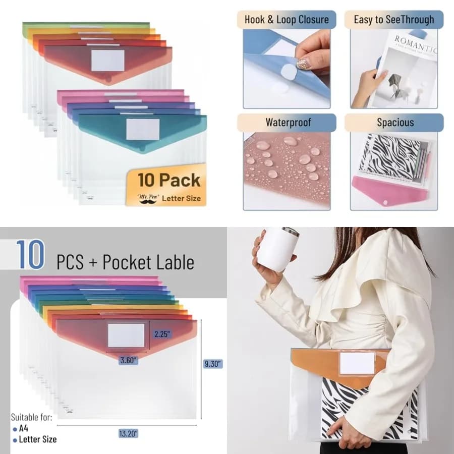 Clear Plastic Envelopes File Folders,,A4, Letter Size, Colorful Flaps, Clear Folders for Documents Plastic Poly Envelopes with