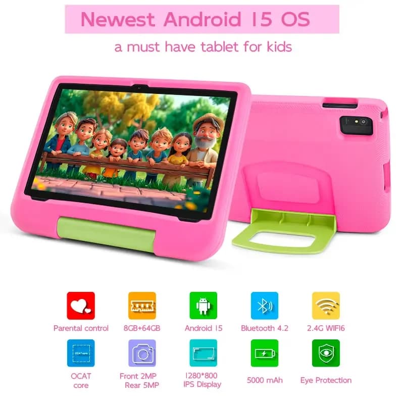 Tablet Paitanry da 10.1 pollici per bambini, Android 15, 8GB RAM, 64GB ROM, display HD, USB Type-C, 5G WIFI 6, Tablet PC, regalo per bambini