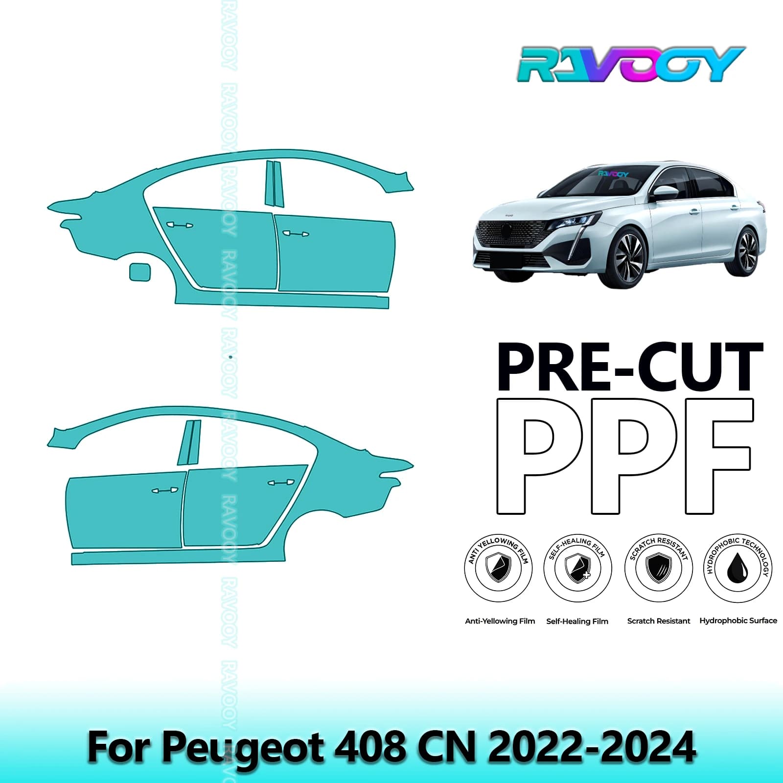 For Peugeot 408 CN 2022-2024 8.5mil Transparent Pre-Cut PPF Door and Pillar A/B Kit TPU Paint Protection Film Set