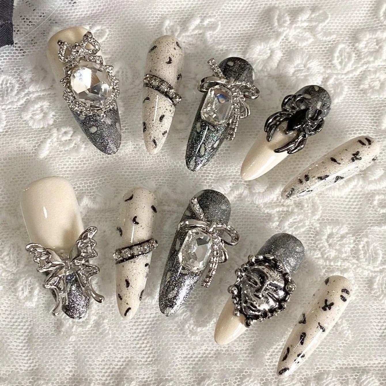 10 piece pure hand pressed almond-shaped nail art, beautiful fake nails, milky white butterfly nail art, suitable for women to use