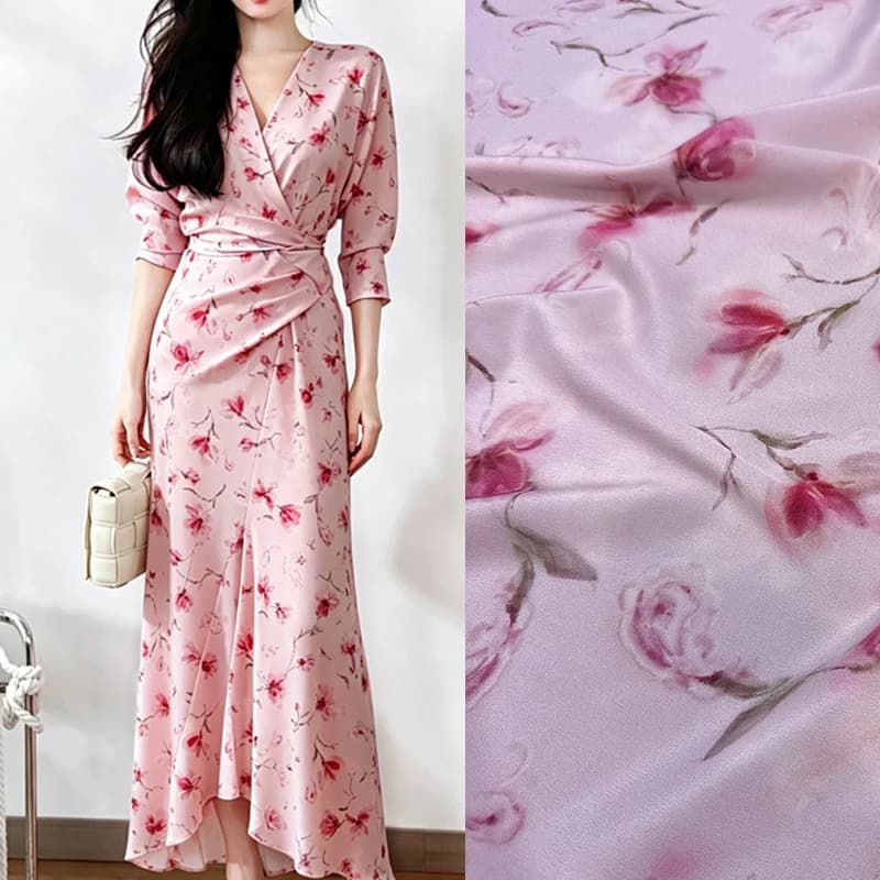 Sweet Pink Floral Printed Stretch Silk Crepe de Chine Fabric for DIY Sewing Summer Dress Pajamas Soft Silk Fabric FR7036