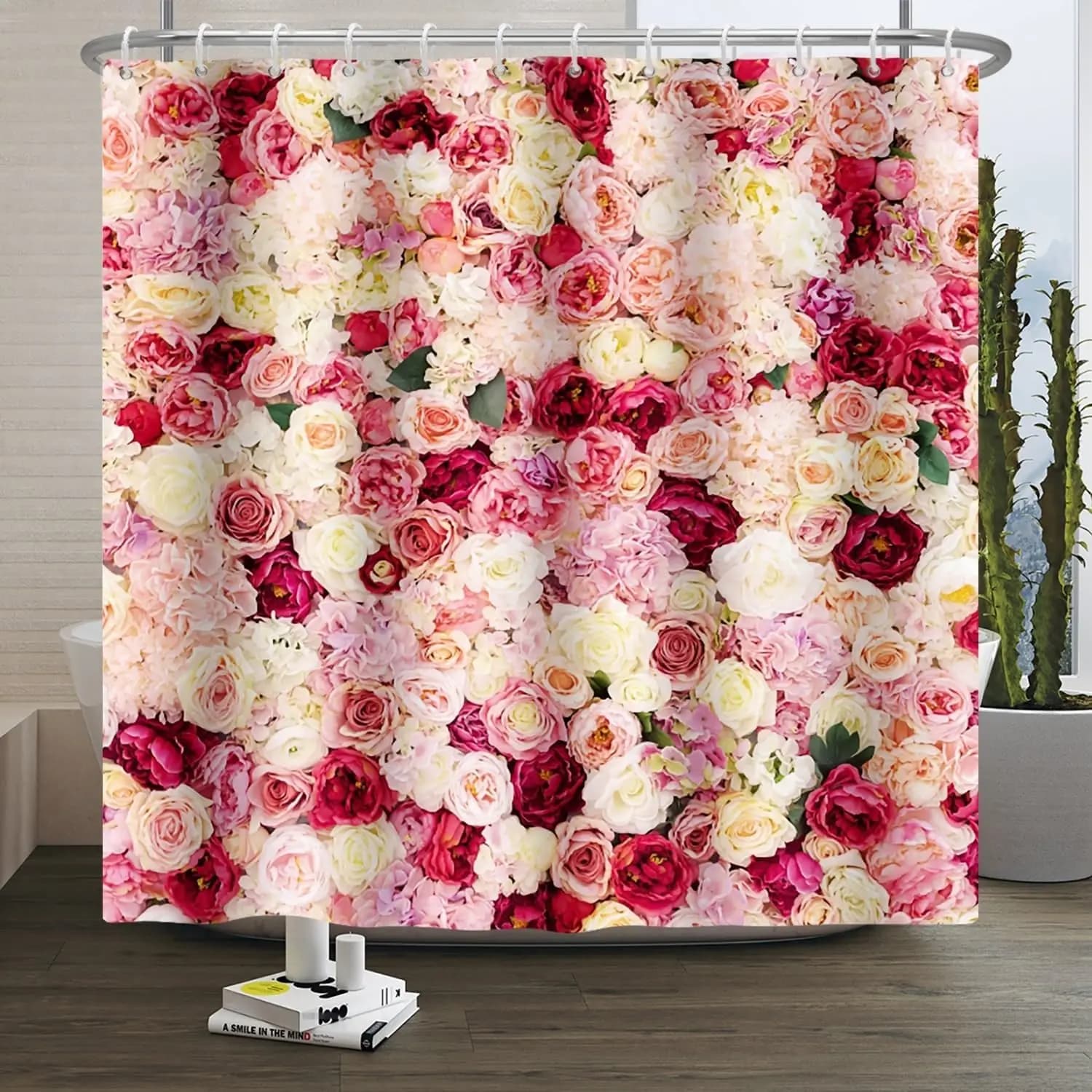 Tenda da doccia floreale con fiore rosa da parete primaverile Tenda da doccia romantica floreale 3D con rosa colorata Tessuto lavabile impermeabile