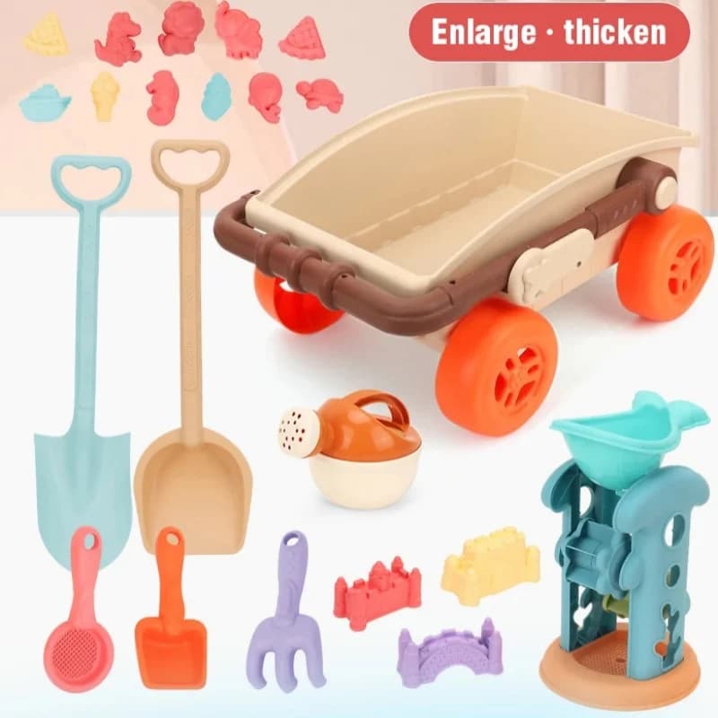 Nuovo set di giocattoli da spiaggia per bambini, carrello pieghevole, secchiello per sabbia, set di pale, borsa a rete, stampi per sabbia, scatola per sabbia per bambini