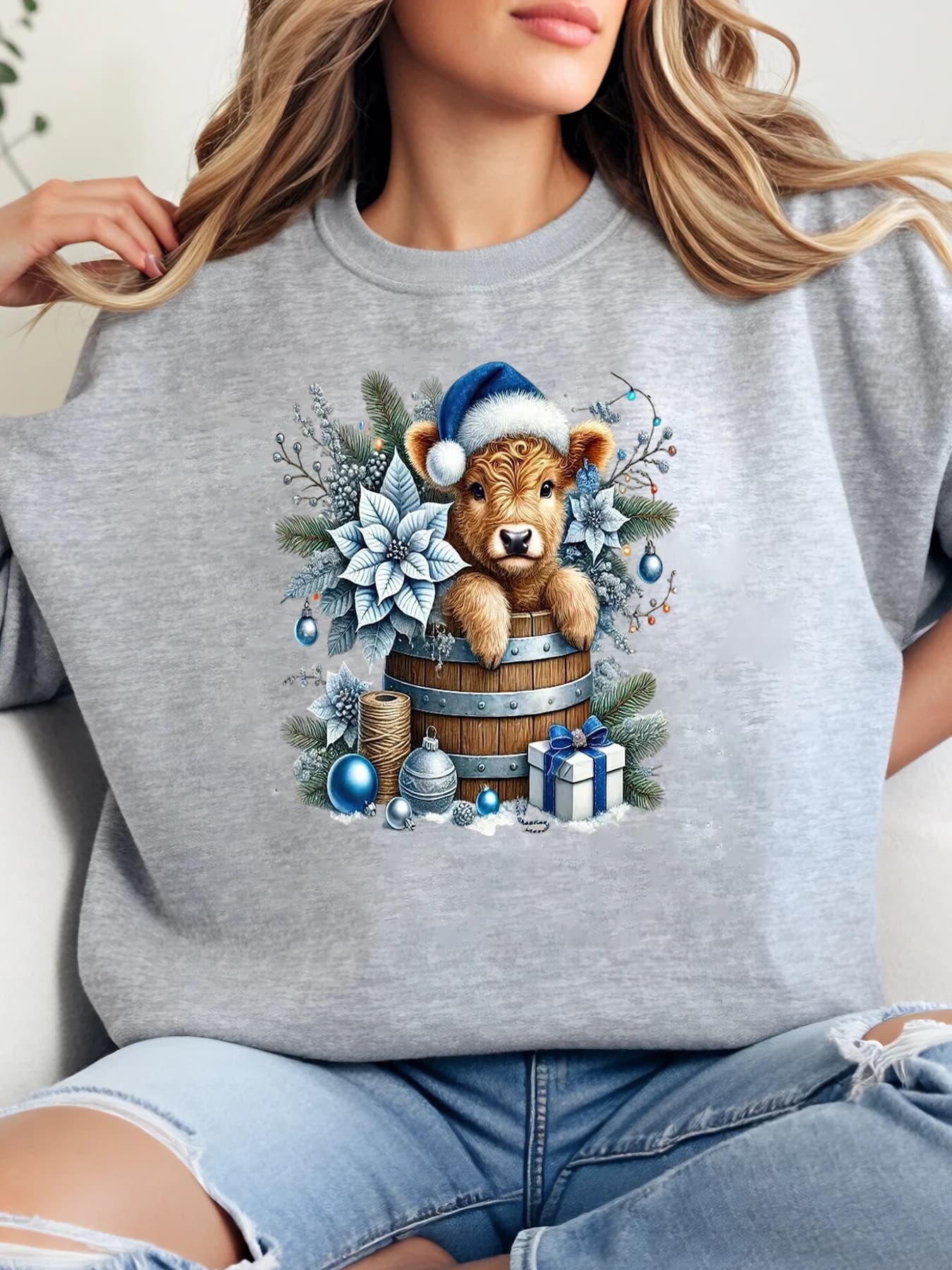 Christmas Toro with Gifts Print Christmas Sweatshirt Women Casual Clothing Festive Grey Plus Size