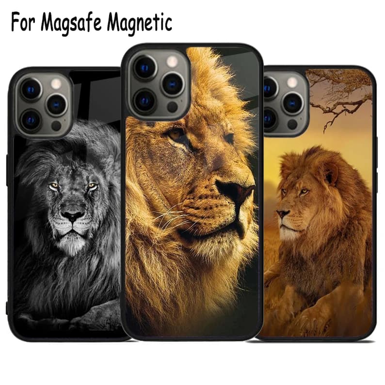 Cover per telefono con ricarica wireless a forma di leone per iPhone 17 Air 15 16 16e 14 13 11 12 Pro Max Plus, cover magnetica Magsafe con paraurti