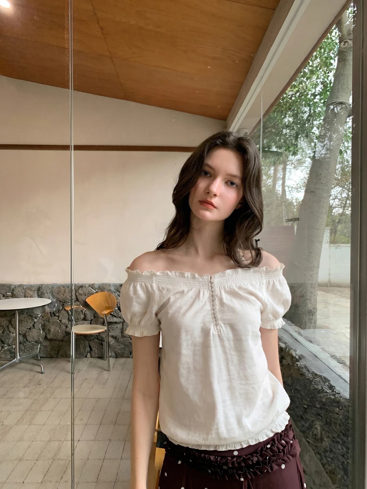 Crucreamsu Vintage Bubble Sleeve Ruffle One Shoulder Short Sleeve T-Shirt Women Summer Waist Cinch Shoulder Bared Two Wear Top