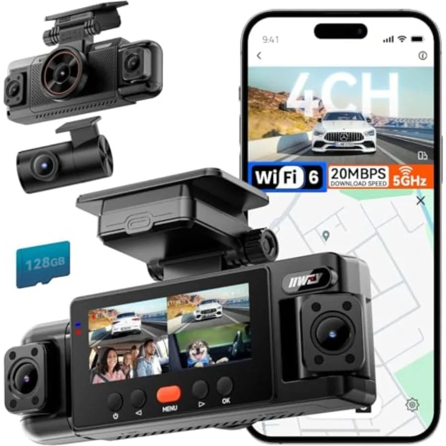 Dashcam per auto: 4 canali FHD anteriore/posteriore/interno, copertura a 360°, WiFi-6 5.8G 20MB/s, scheda da 128GB inclusa, visione notturna con 8 luci IR