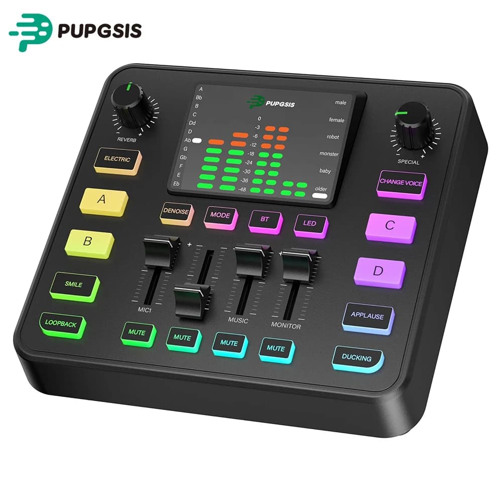 Mixer audio per gaming Pupgsis, interfaccia audio per PC, interfaccia microfonica dinamica TRS da 1/4 di pollice, scheda audio con modulatore vocale, preamplificatore professionale