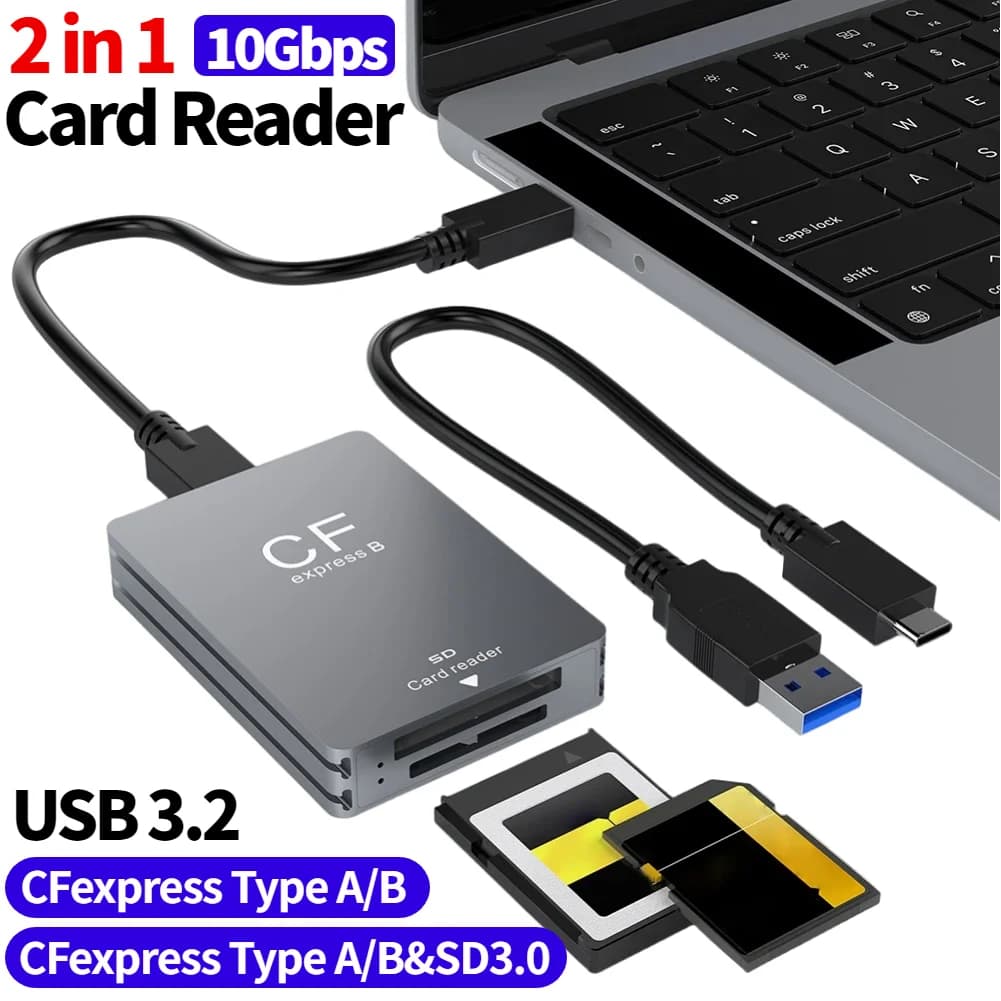 2 in 1 CFexpress Type A B SD 3.0 Card Reader USB 3.2 10Gbps with USB C To USB C/A Cable Support Android/Windows/OS for SLR