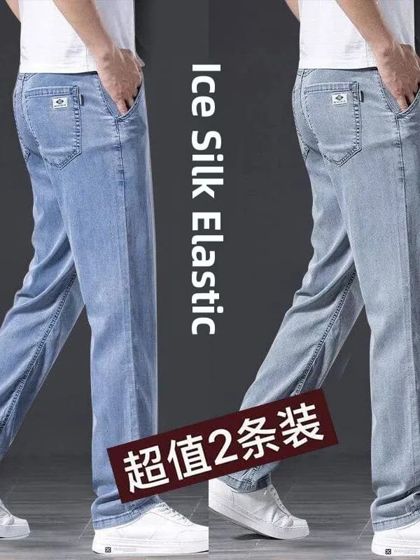 Ice Silk Jeans Men's Straight Loose Elastic Business Casual Summer Wear Resistant Work Long Trousers Youth Fashion