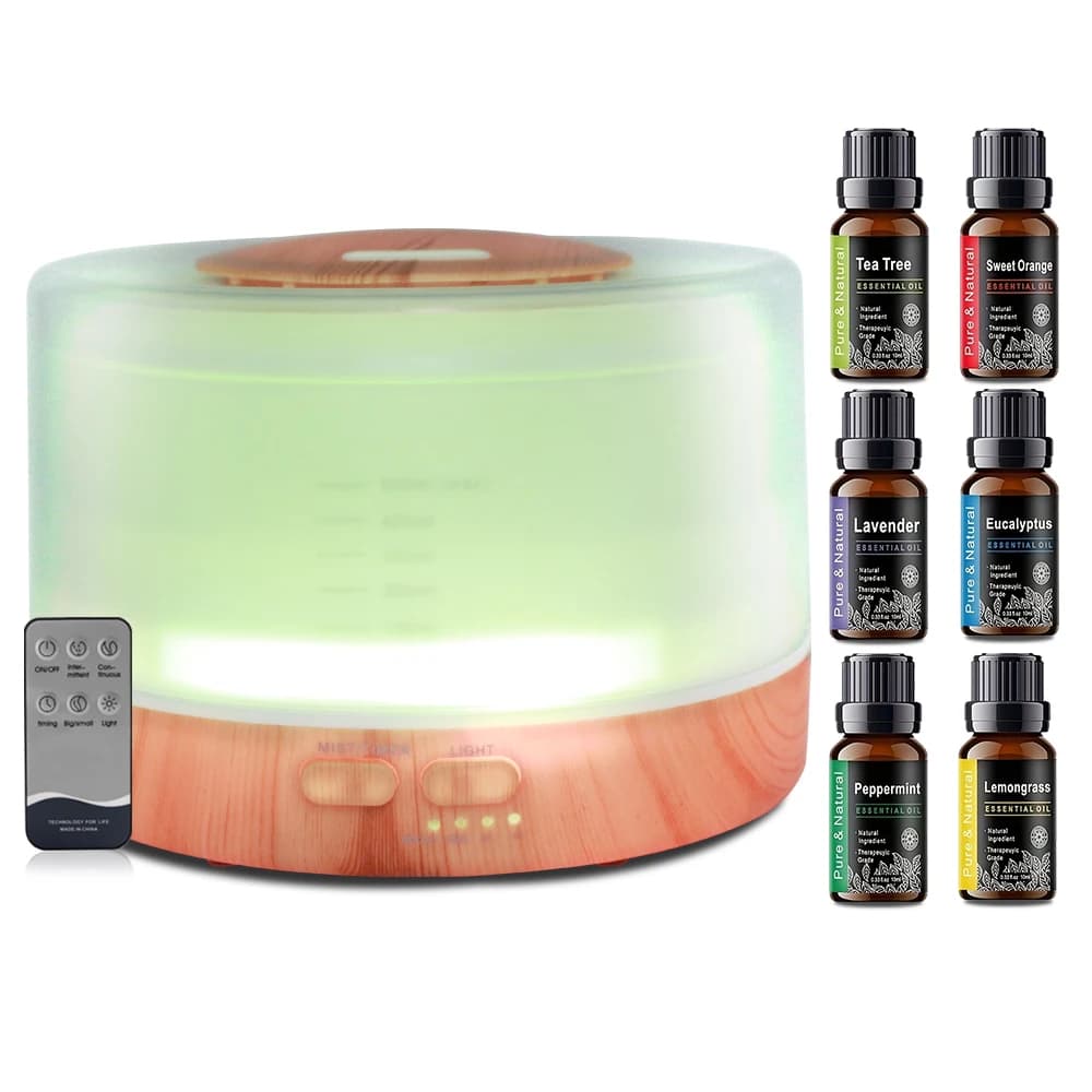Diffusore di Oli Essenziali con 6 Oli Rilassanti, Luci d'Atmosfera a 7 Colori, Umidificatore a Ultrasuoni con Spegnimento Automatico, Set Regalo per Aromaterapia