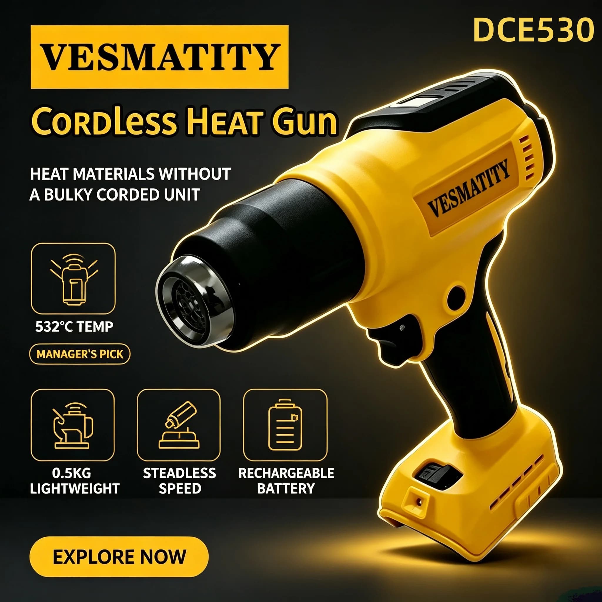 Vesmatity For 20V Battery 300W DCE530 Cordless Heat Gun High Power Thermal Blower Welding Heat Shrink Wrapping Tool Portable