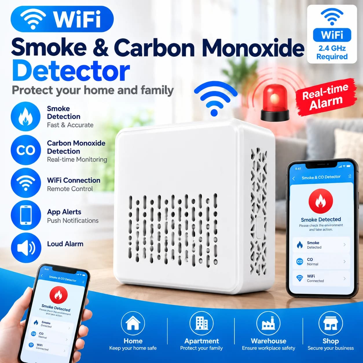 WiFi Smoke & Carbon Monoxide Detector 2 in 1 Smart Home Fire Alarm CO Sensor Wireless Security Alarm App Remote Alert