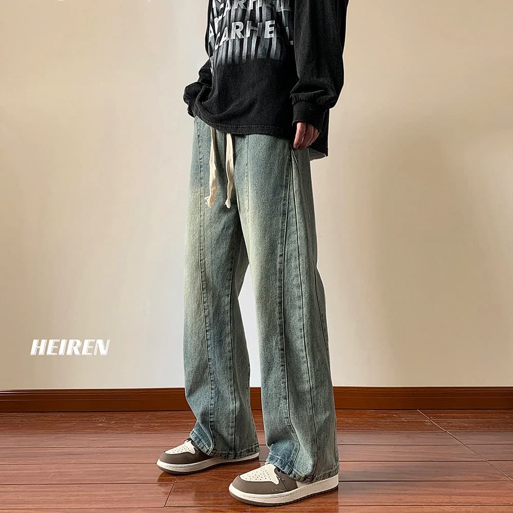 Retro American Style Men's Jeans High Street Casual Straight Leg Long Pants Spring Autumn Wear Washed Denim Youth Fashion