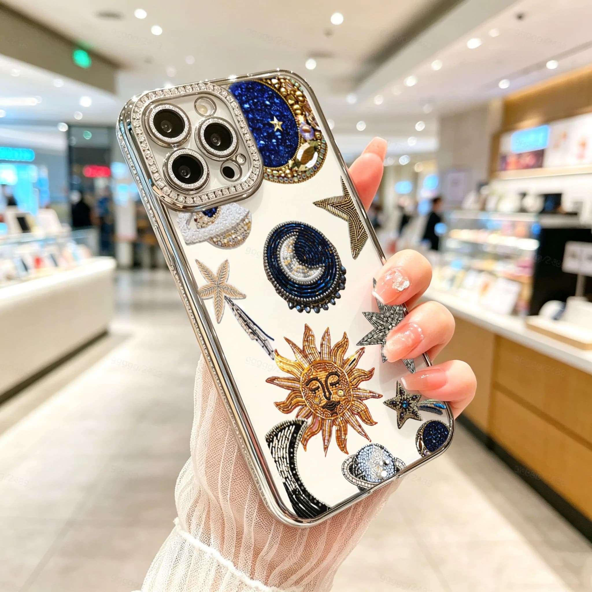 Diamond Electroplated TPU Phone Case for iPhone, Luxury Bling Phone Case, Celestial Sun Moon Star Rhinestone Design , Luxury Glitter Rhinestone Frame, Built-in Lens Protector, Anti-Slip Shockproof Clear Cover