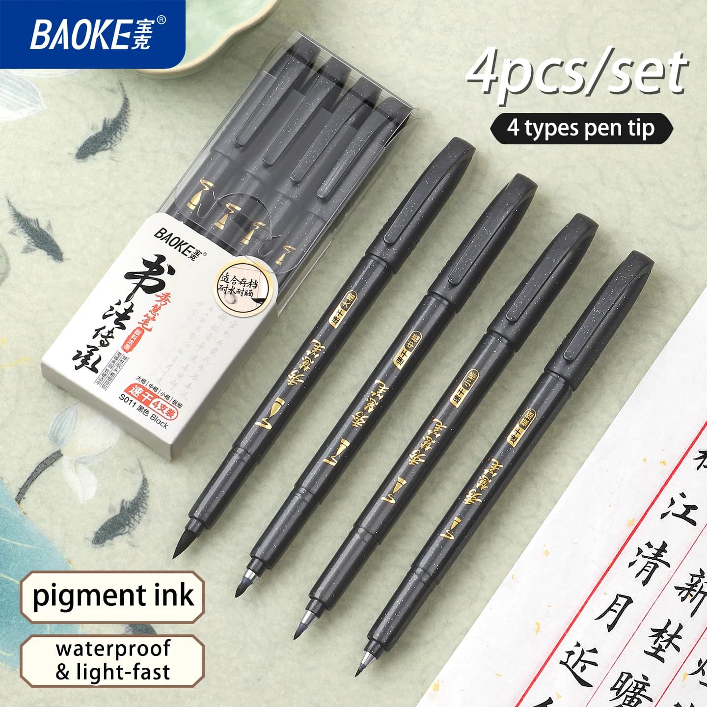 BAOKE 4-Size Black Hand Lettering Calligraphy Pen Set Drawing Writing Learning Fine Brush Markers Art Supplies Manga Pen