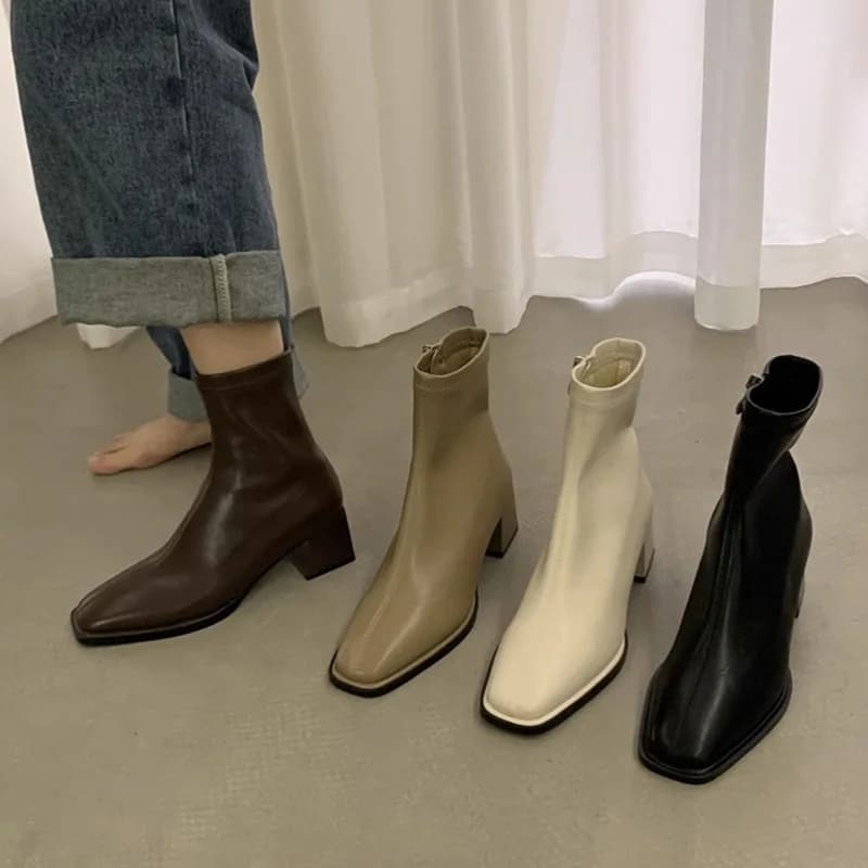 Stivaletti con tacco design autunno inverno Moda punta quadrata con cerniera Stivaletti Chelsea casual da donna Scarpe Stivaletti corti in morbida pelle
