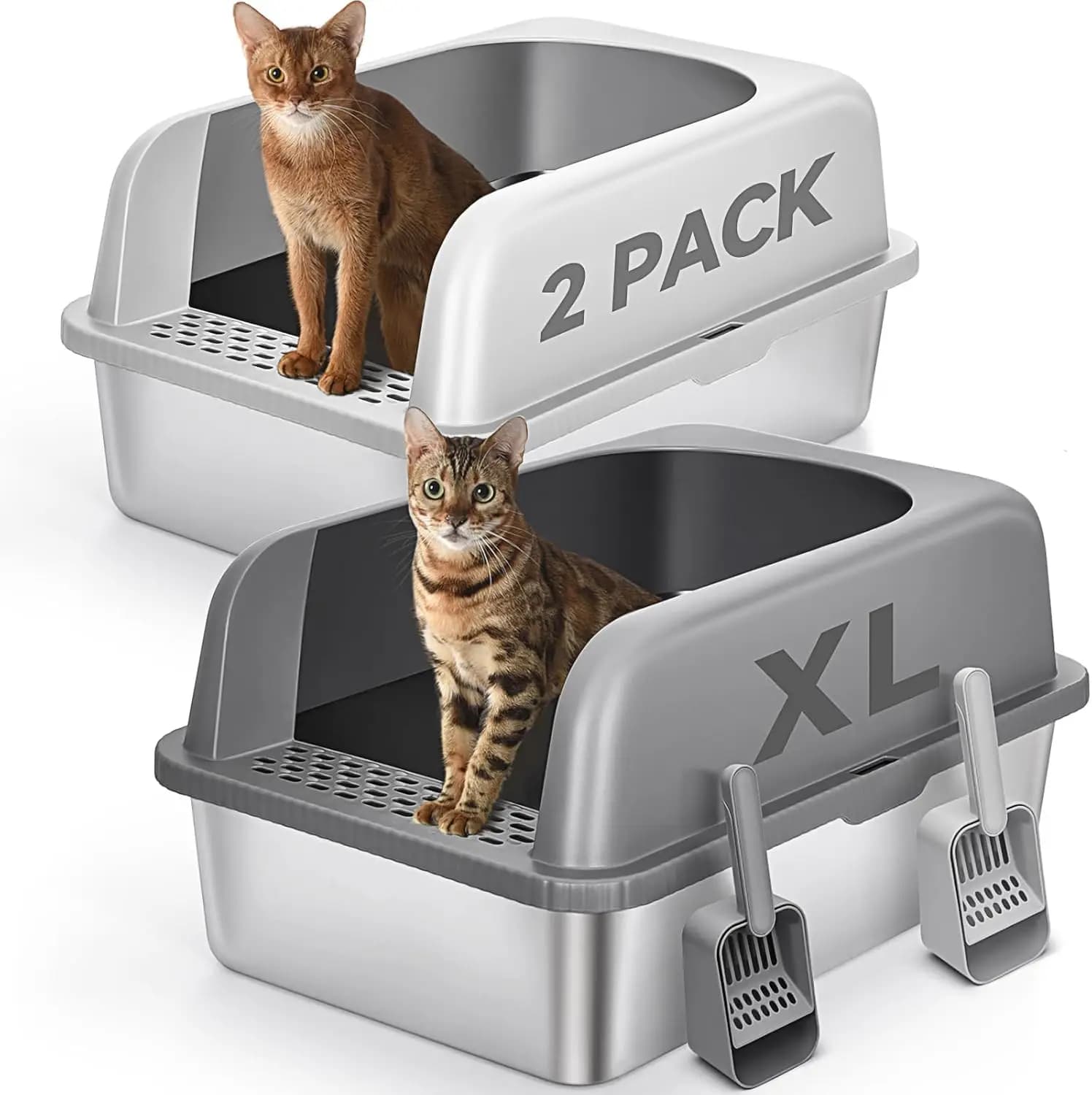 Set di 2 Lettiere per Gatti in Acciaio Inox con Coperchio, Design Chiuso XL per Gatti di Taglia Grande, Include Paletta