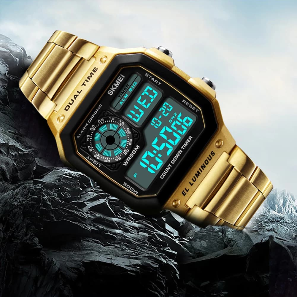 50 m waterproof outdoor sports wristwatch, timer for countdown, digital clock with LED backlight, sports wristwatch with double time alarm