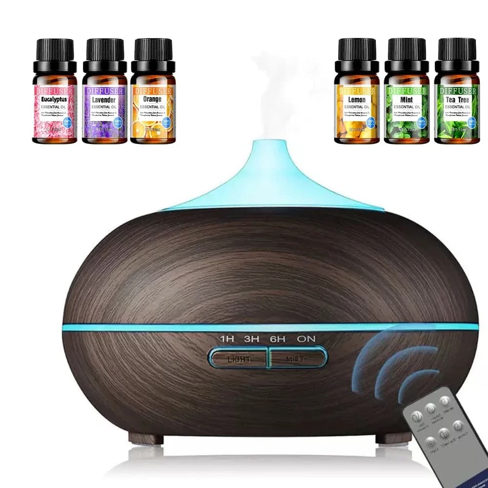 Diffusore di Aromi a Ultrasuoni con 6 Oli Essenziali, Telecomando, Spegnimento Automatico e Umidificatore a Nebbia Fredda con LED a 7 Colori