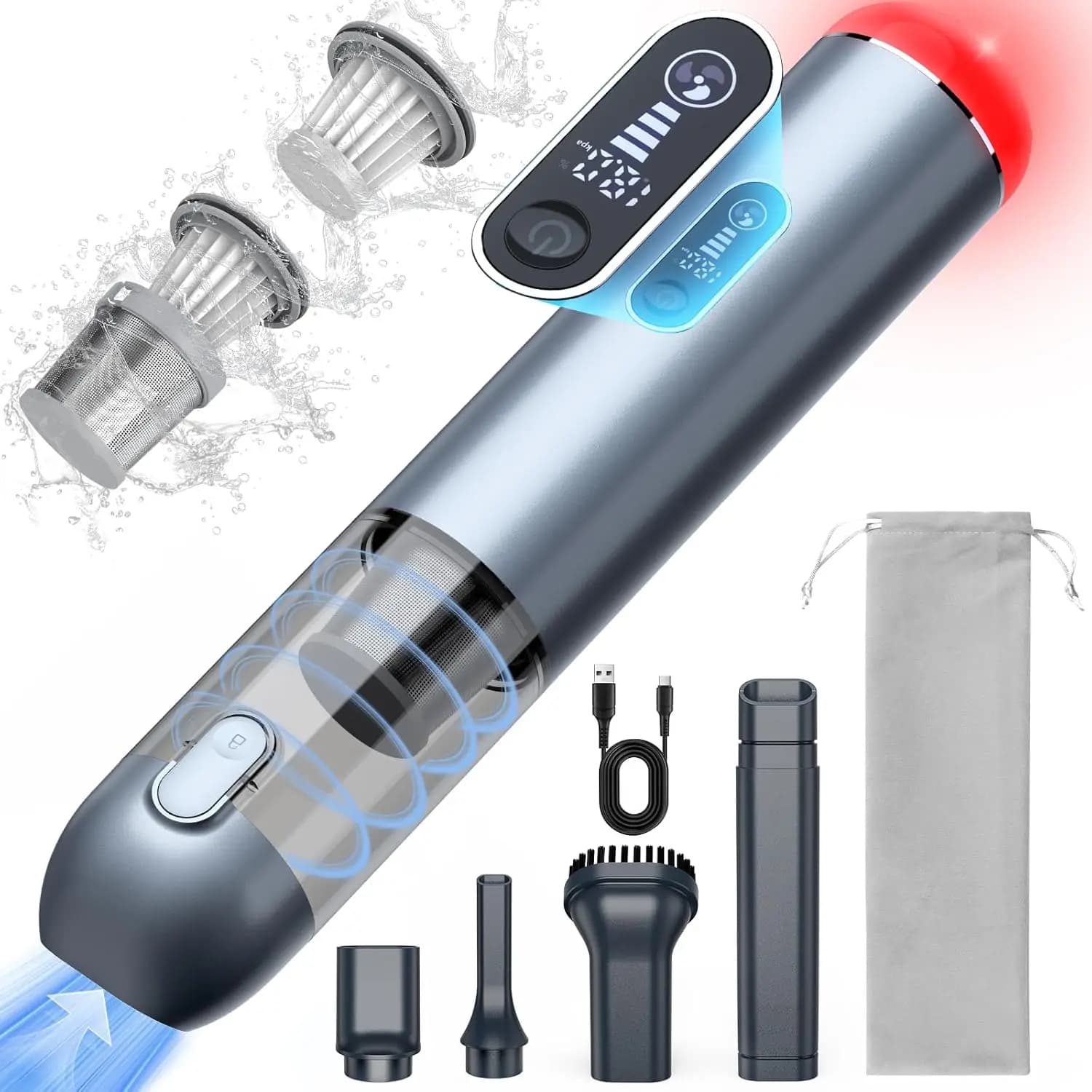 Aspirapolvere portatile senza fili 18000PA, luce LED e spolverino, mini aspirapolvere con motore brushless per auto, casa, ufficio