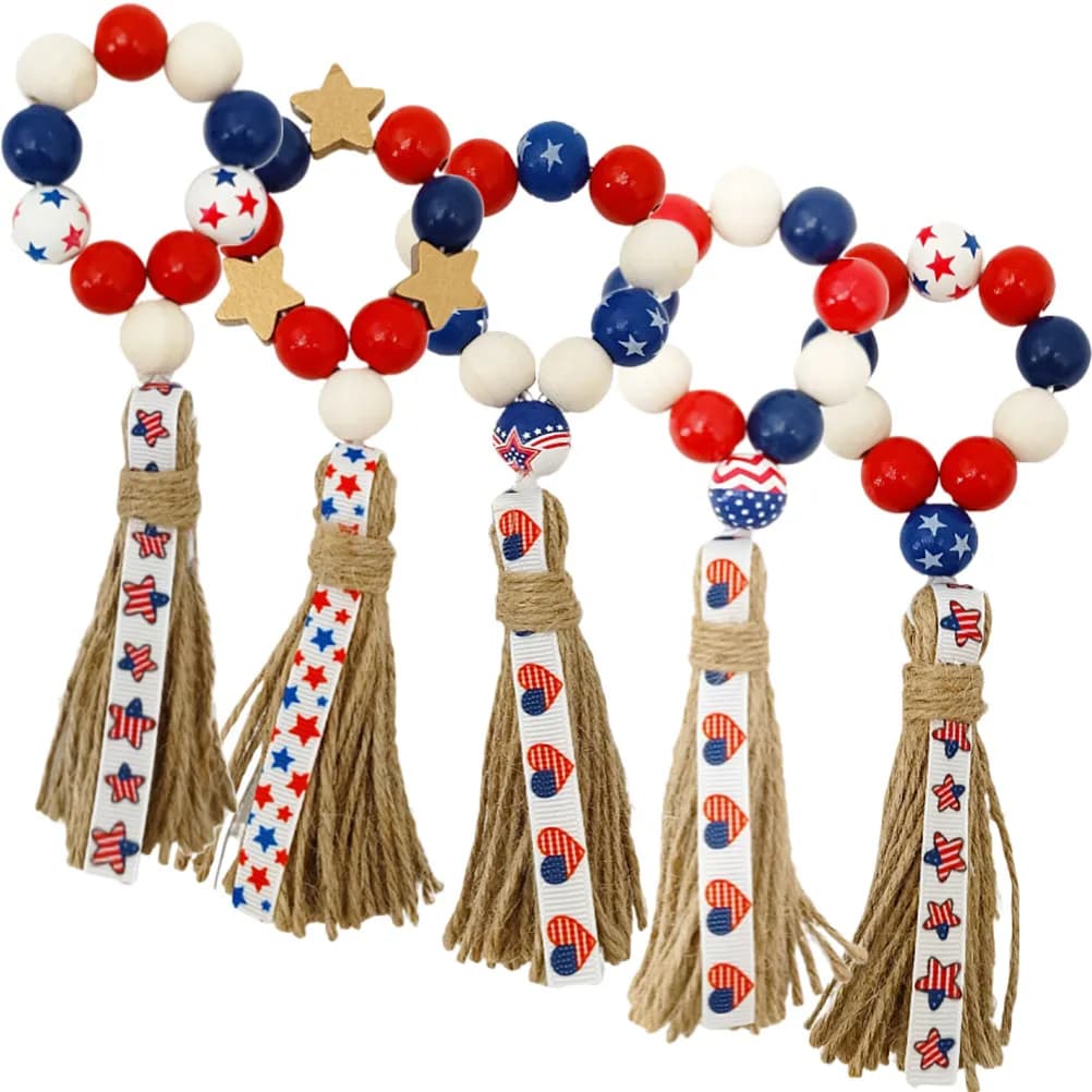 Set di 5 Anelli Portatovaglioli in Legno con Perline, Decorazione per la Festa dell'Indipendenza, Accessori per la Tavola