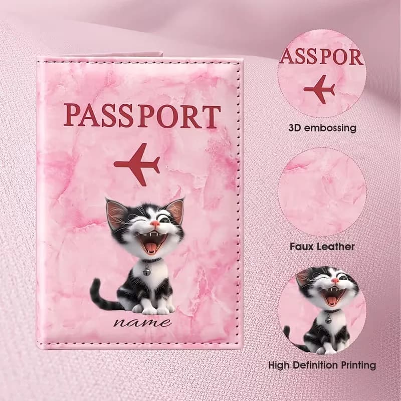 Custom Name/Initials Cat Passport Holder - Custom Cute Kitten Face PU Travel Holder, Suitable for Passports, Driver' License