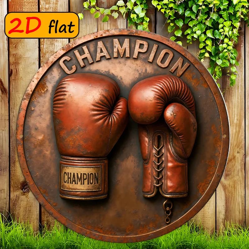 Round Aluminum Plate with Boxing Gloves and Written 'Champion', Wall Decoration for Home, Gym, Studio, Gift, 20x20cm, Design 2D Plate