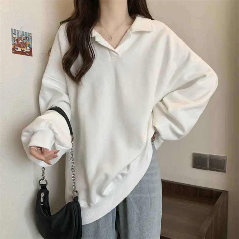 Fashionable V-neck Pullover Hoodie Oversize Solid Color Pure Wish Style Top With Large Back Pleated Long Spring