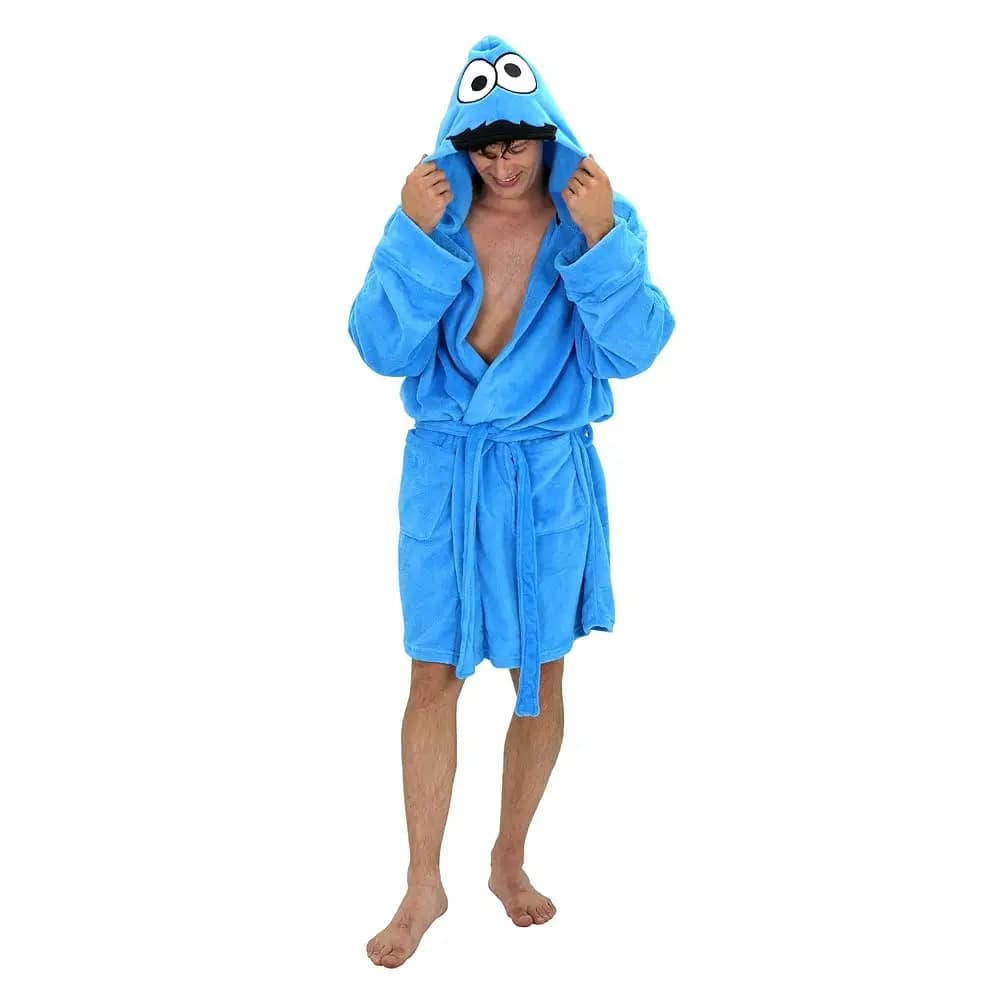 Accappatoio in peluche Cookie Monster per adulti, accappatoio in pile con cappuccio per uomo e donna, cintura, tasche, S-M-L-XL
