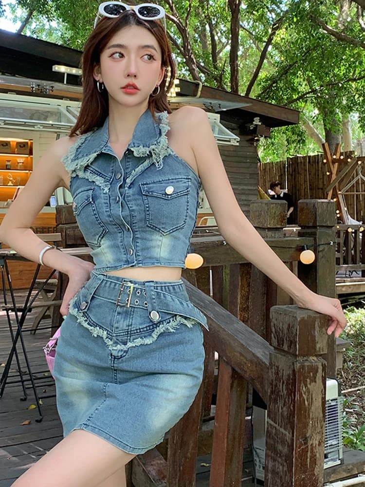 Street Clothes Y2K Denim Fashion Summer 2 Pieces Outfits Women Chic Sexy Halter Backless Short Cropped Tops Mini Skirt Mujer Set