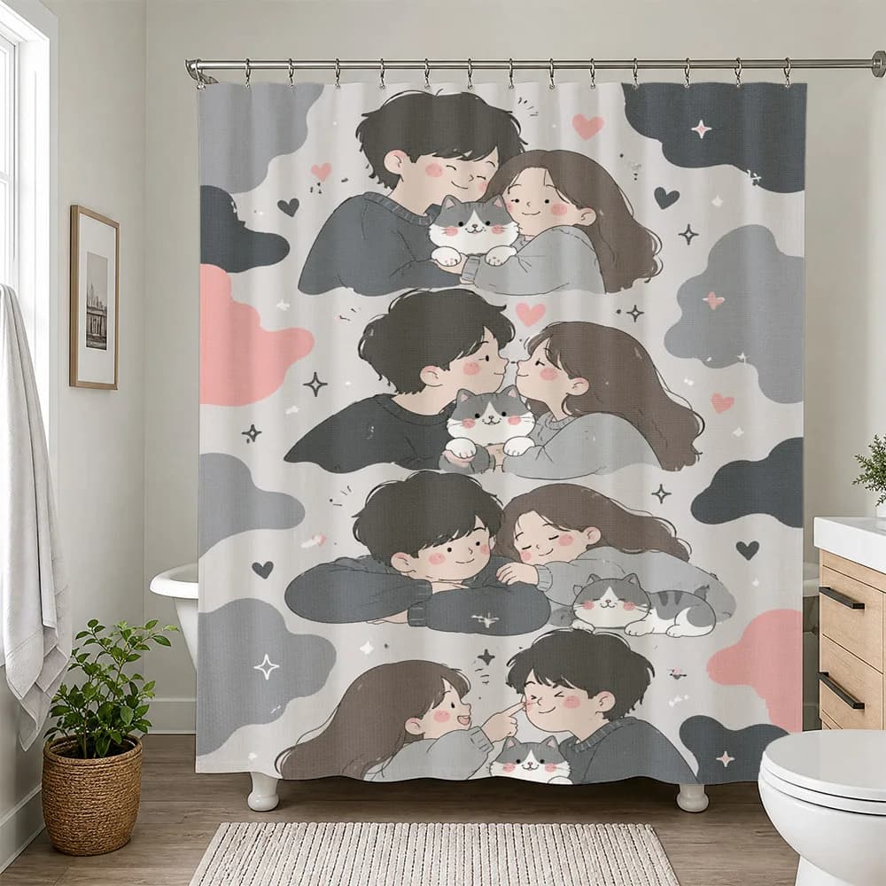 Cute Cartoon Family Dog Cat Shower Curtain Bathroom Decor Novelty Shower Curtain for Kids Bathroom