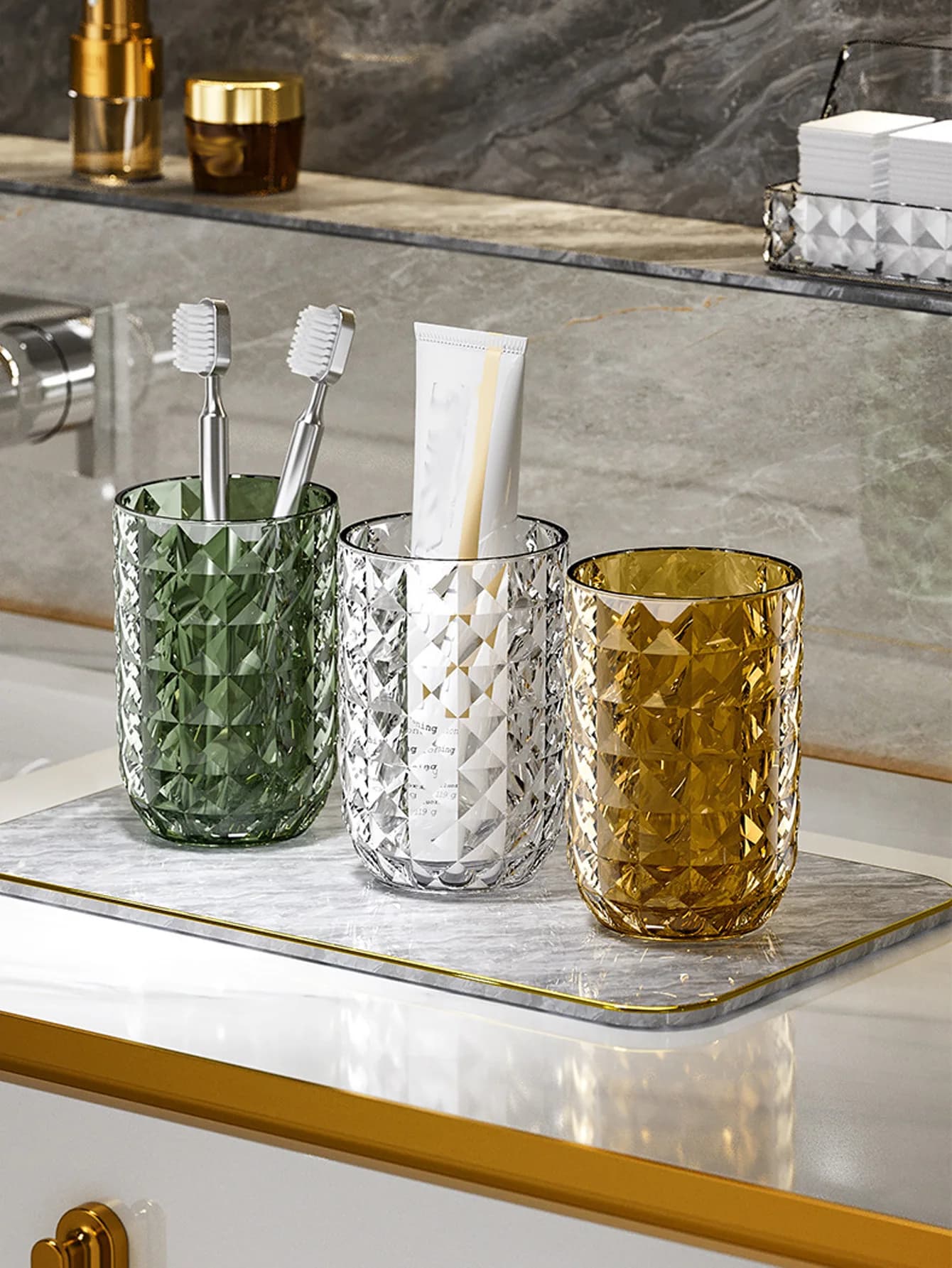 1 pezzo porta spazzolino da bagno, design geometrico elegante, tazza per collutorio, perfetta per coppie, facile da pulire e migliora l'arredamento