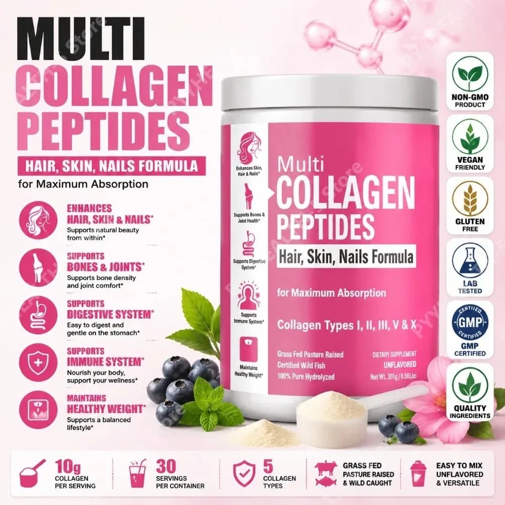 Hydrolyzed Multi Collagen Peptides Powder with Types I II III V X and Digestive Enzyme Blend Unflavored 300g