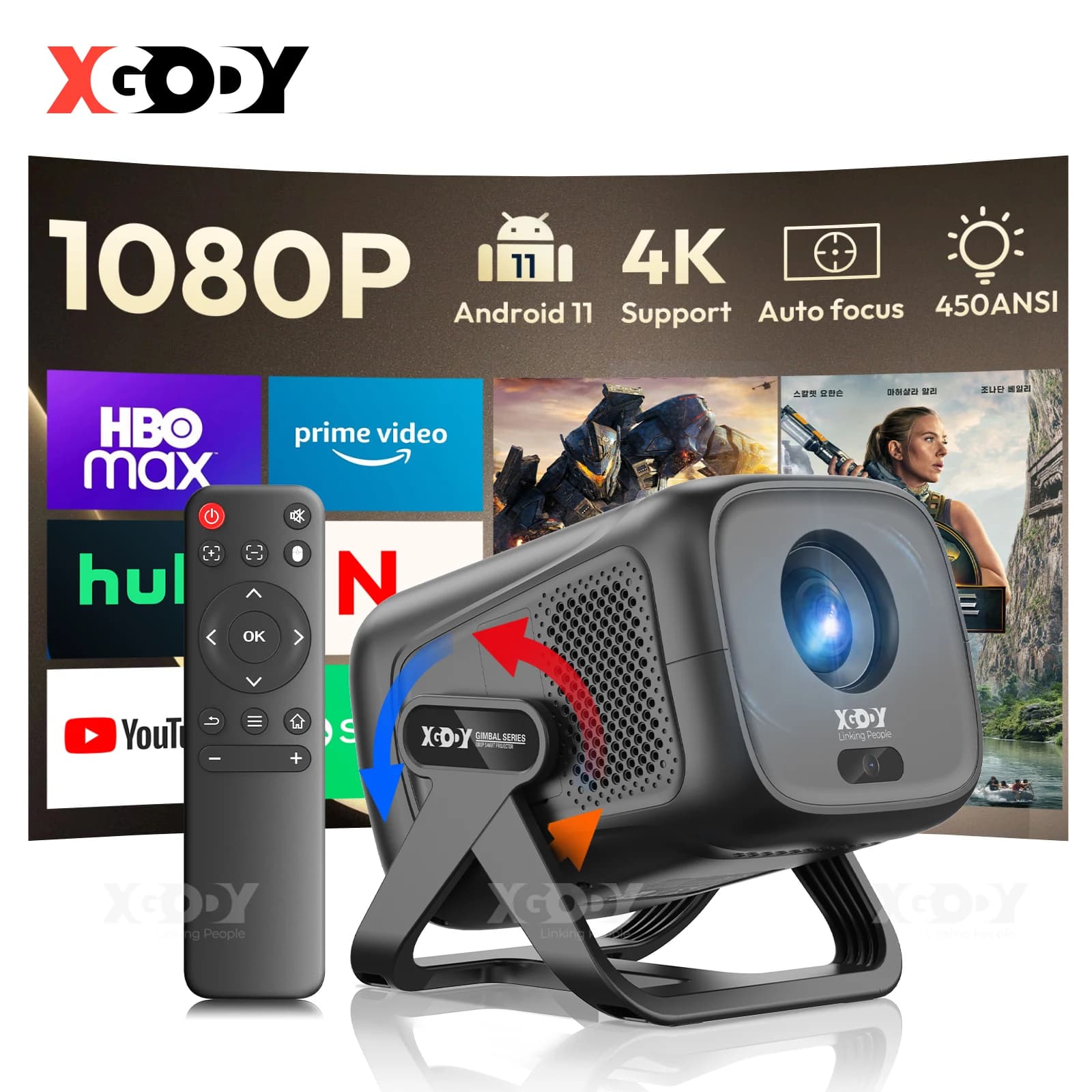 XGODY 4K 450ANSI Projector Android 11 Autofocus and Keystone 1080P 360 ° Rotation Wifi6 BT5.2 Outdoor Airmous Portable Film
