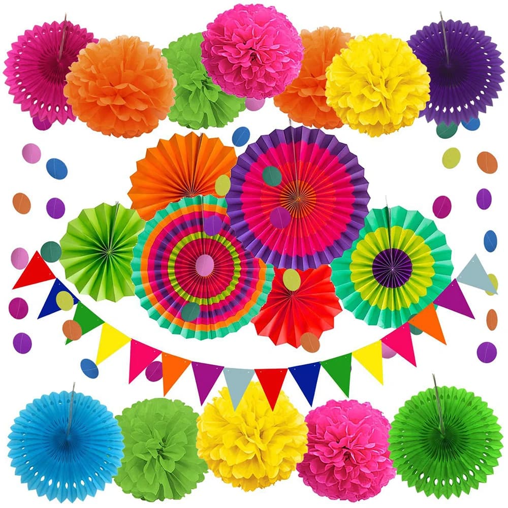 Birthday Party Decoration Pink Origami Fan Flower Black Paper Fan Wedding Decoration Mexican Party Paper Tassel Banner Hanging