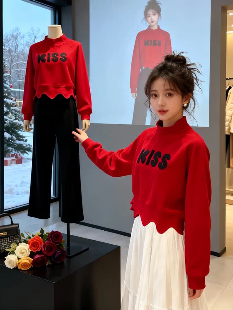 Oversize Embroidered Sweatshirt Women's Korean Style Loose Fit Age-Defying Hoodie Red Trendy Streetwear Comfortable Long Sleeve